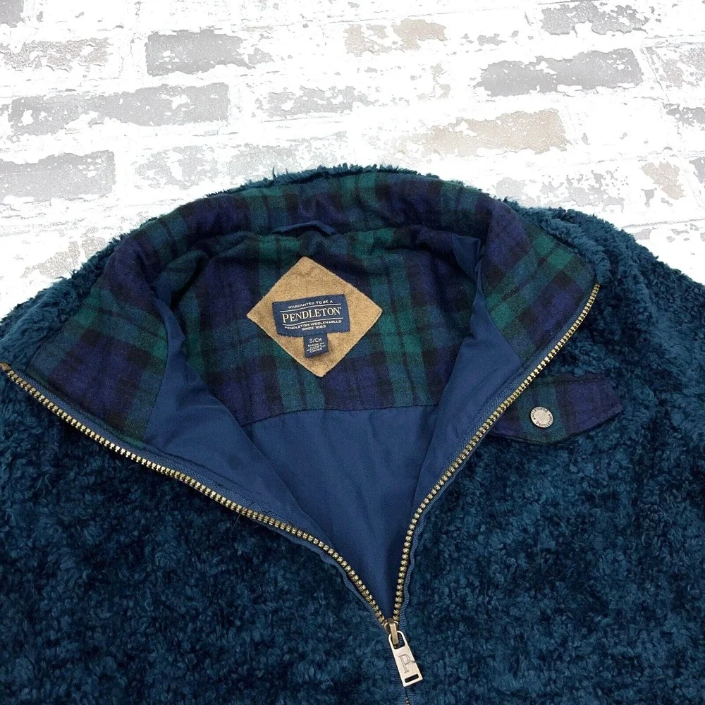 Pendleton‎ Jacket Women Small Blue Green Deep Pile Sherpa Fleece Sport Coat